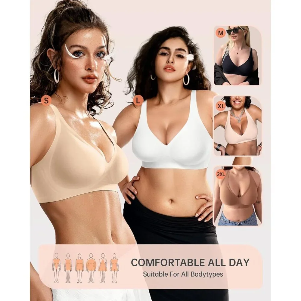 Women's Deep V Wireless Bra Supportive Seamless Push Up T-shirt Bralette - Picture 5 of 7